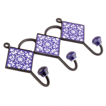 Navy Blue And White Floral Tiles Hooks